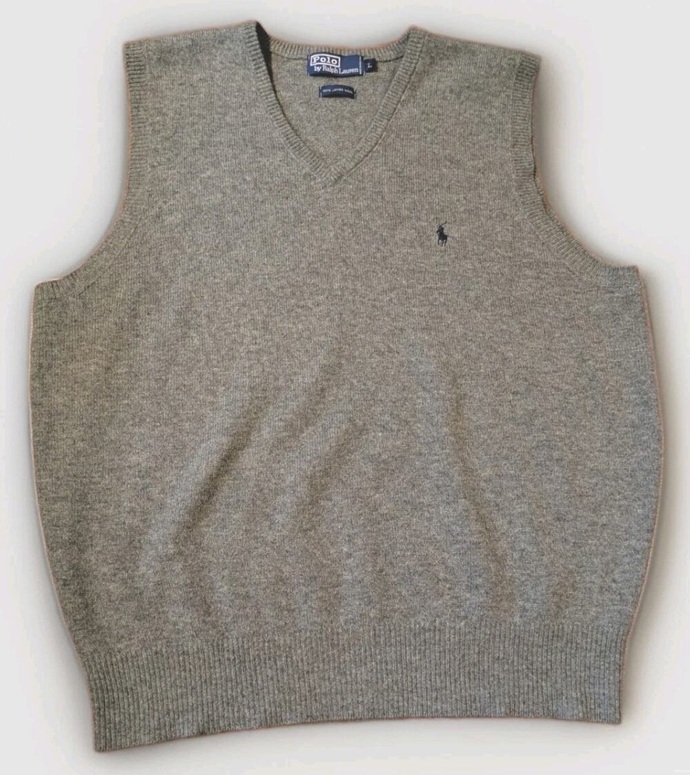 Polo Ralph Lauren Mens L Gray Lambswool Sweater Vest V Neck Pony Preppy